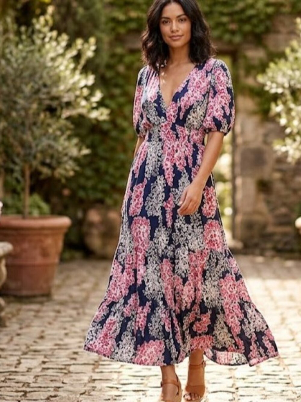 Audrey Parks Navy & Pink Floral Large Puff Sleeve Maxi Dress - Romantic Boho